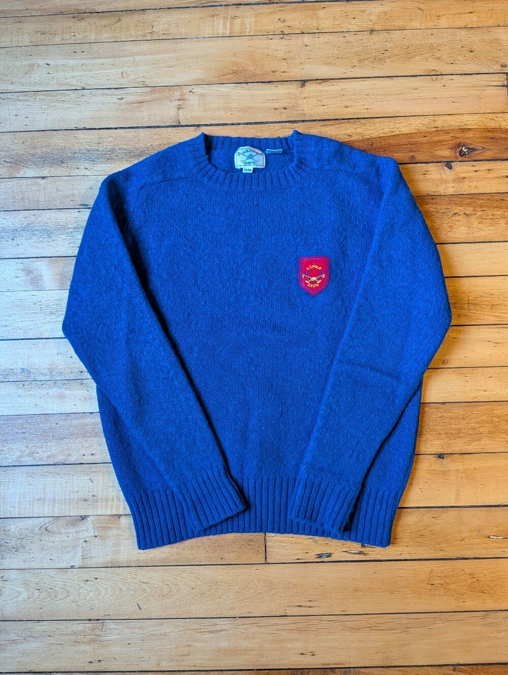 Vintage 80s 90s U.S. Polo Assn Shetland Wool Knit Sweater Crest Blue